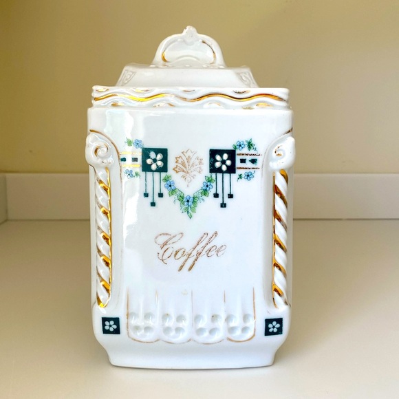 L&R Germany Other - Vintage Antique German White Porcelain Coffee Canister Jar Gold Gilt Blu Grn Blk